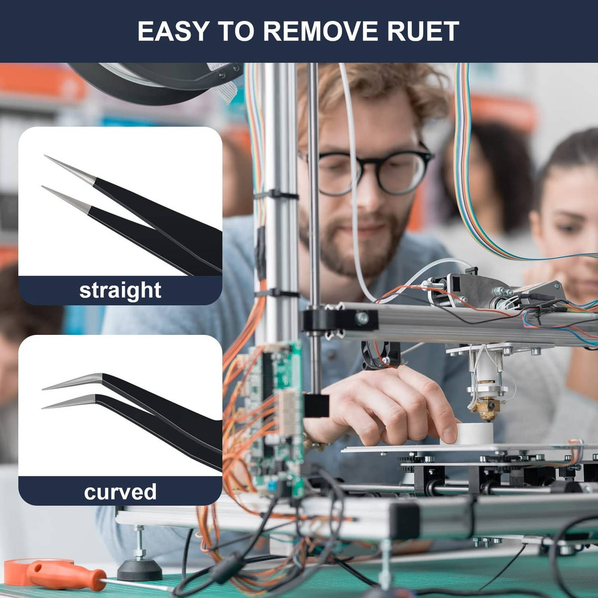 Straight and curved tool for easy removal of residue around a 3D printer nozzle