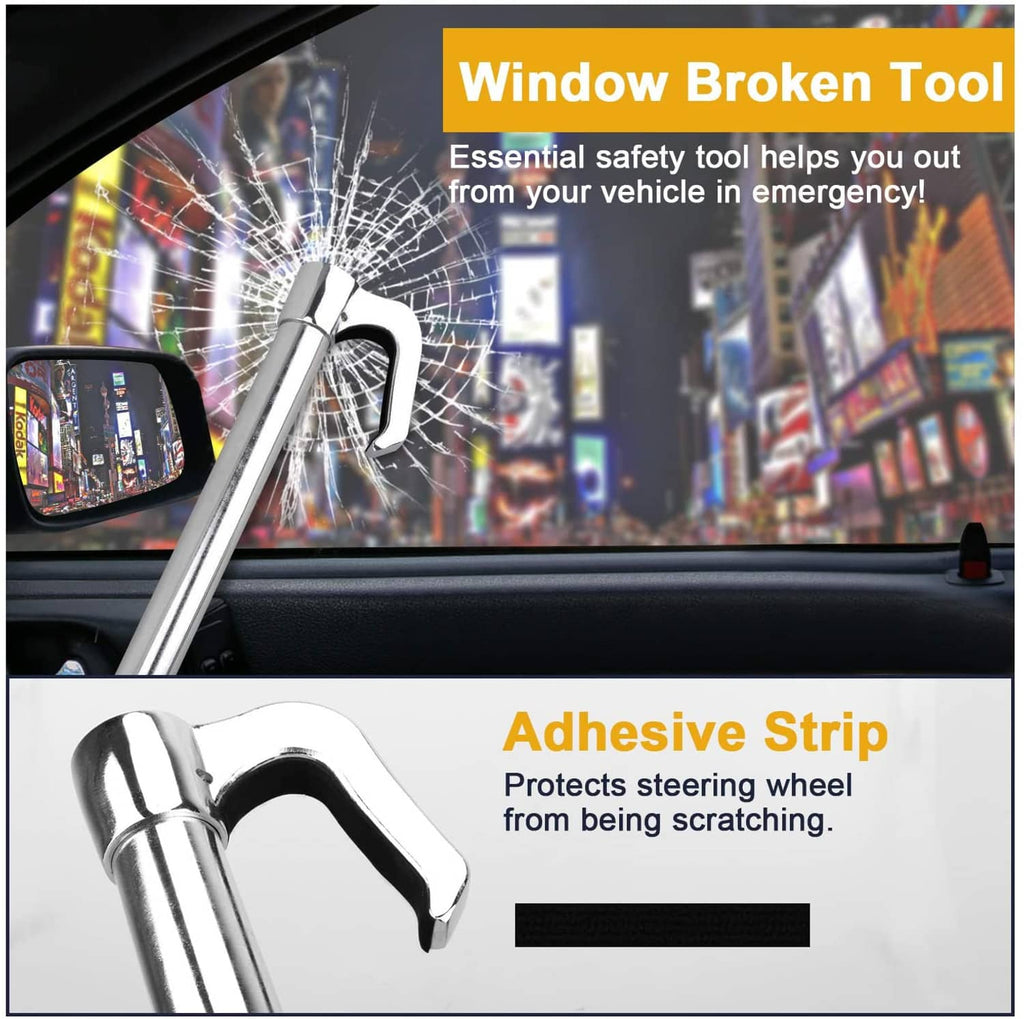 Steering wheel brake lock with window-breaking tool and adhesive strip