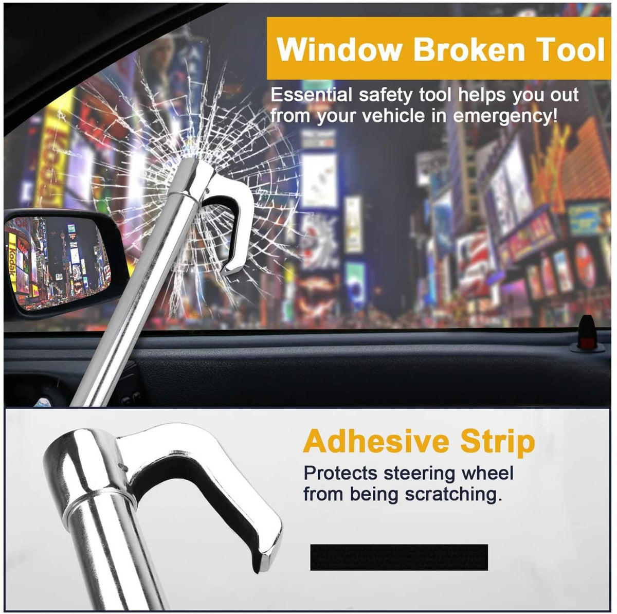 Steering wheel brake lock with window-breaking tool and adhesive strip