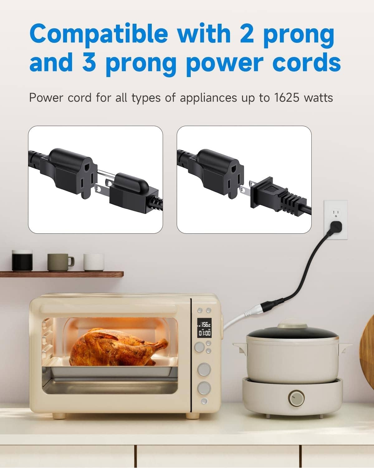 Black extension cord with flat plug and 2- or 3-prong power connectors