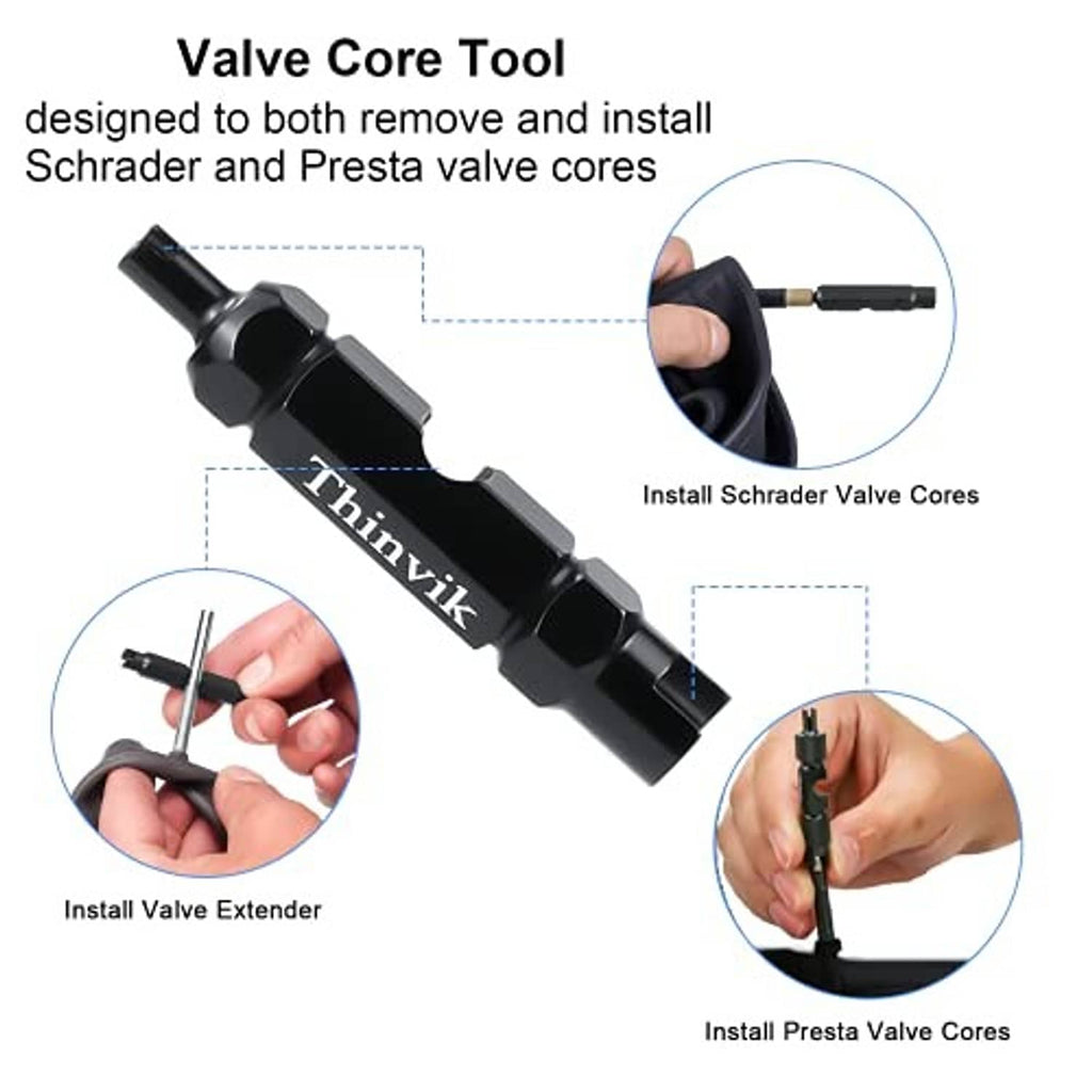 Black valve core tool with Schrader and Presta core installation tips