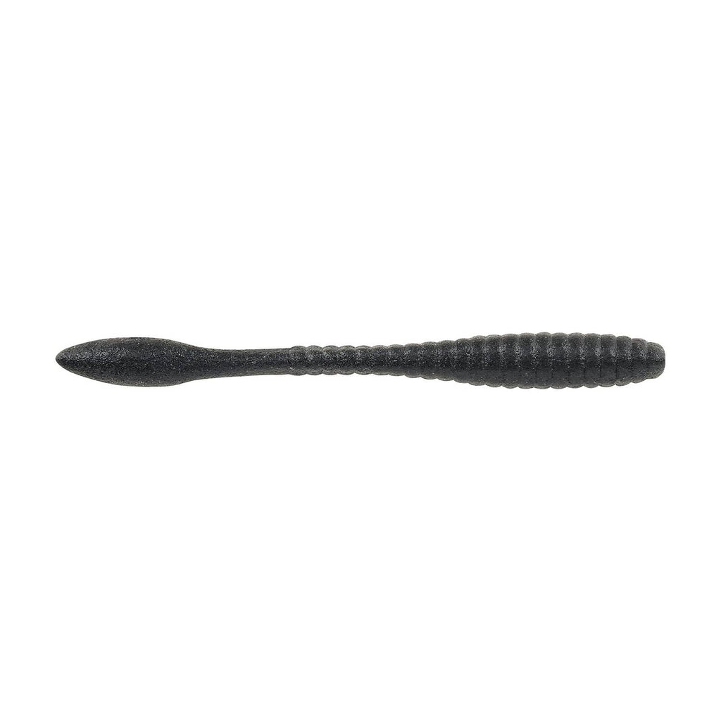Black textured ribbed soft plastic fishing bait worm, side view