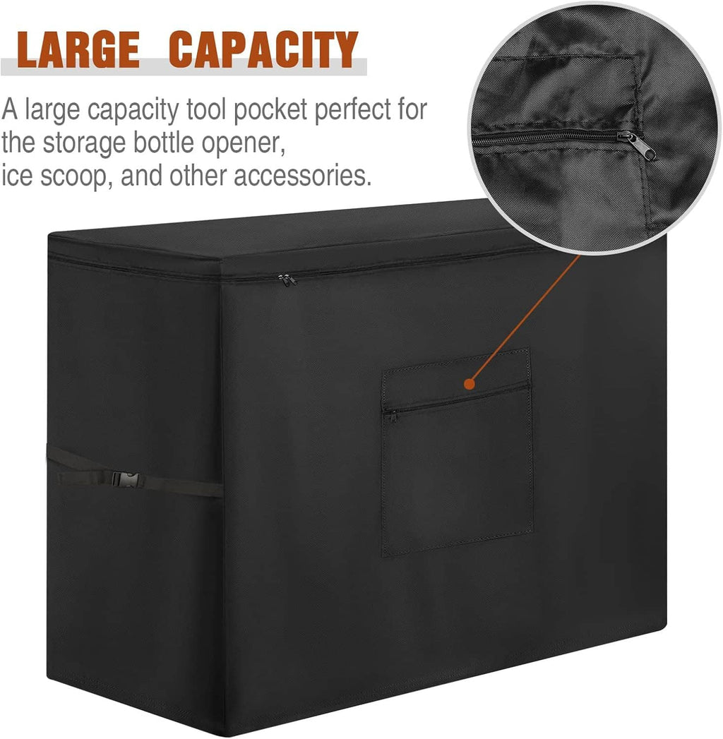 Black chest freezer cover with large front pocket panel and zip closure.