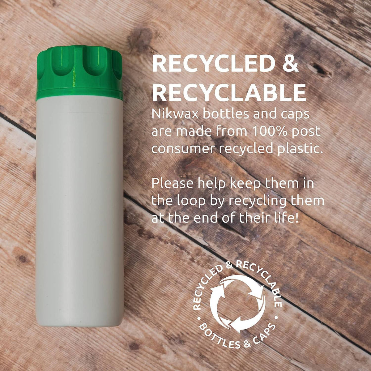 Nikwax recycled and recyclable waterproofing bottle with green cap
