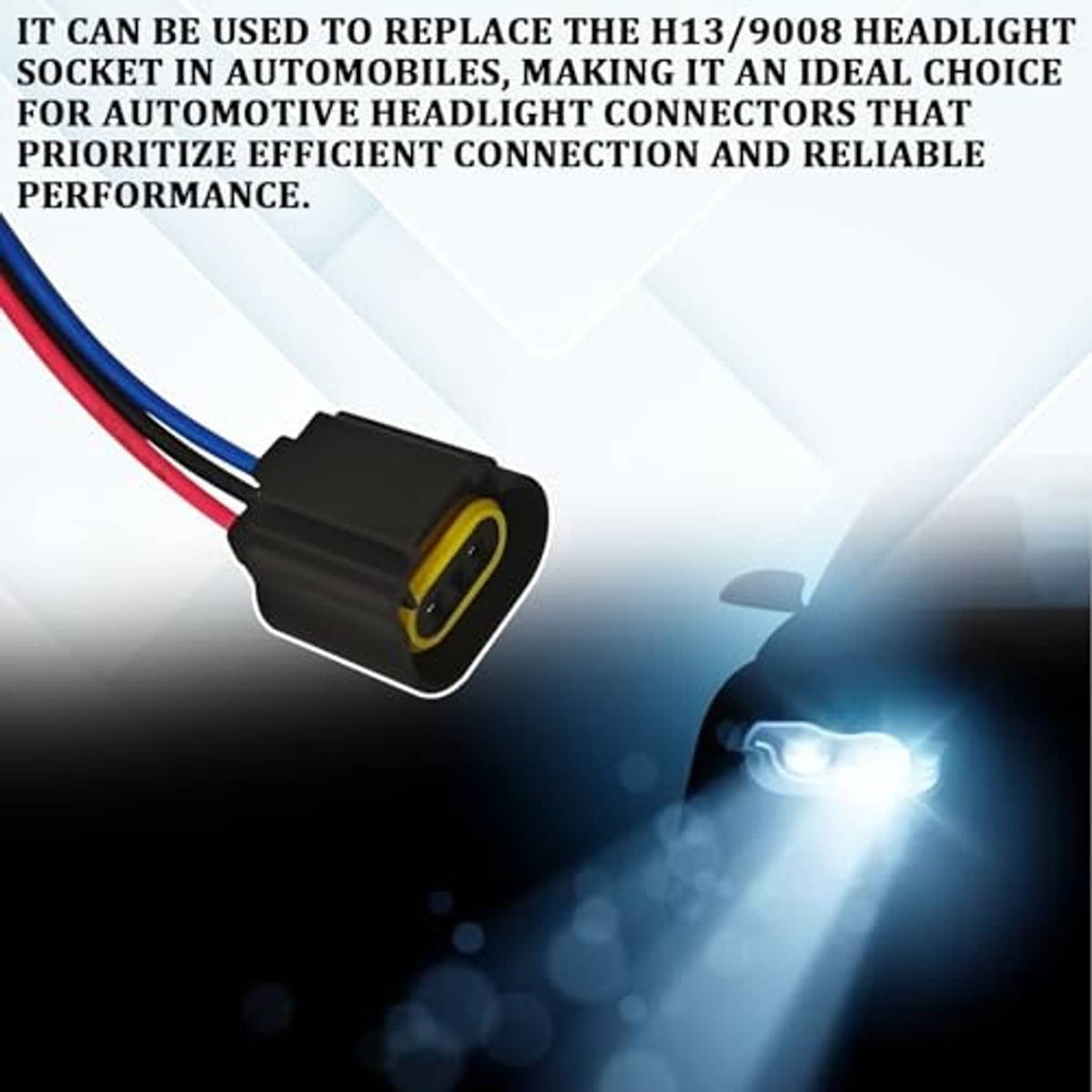 Headlight pigtail connector with black housing and yellow 2-pin socket, red/blue wire leads