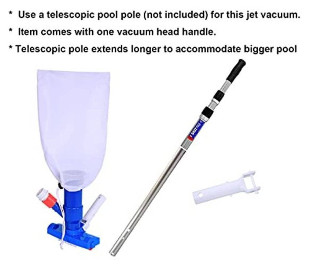 Pool jet vacuum cleaner with telescopic pole, white mesh bag, and blue brush head