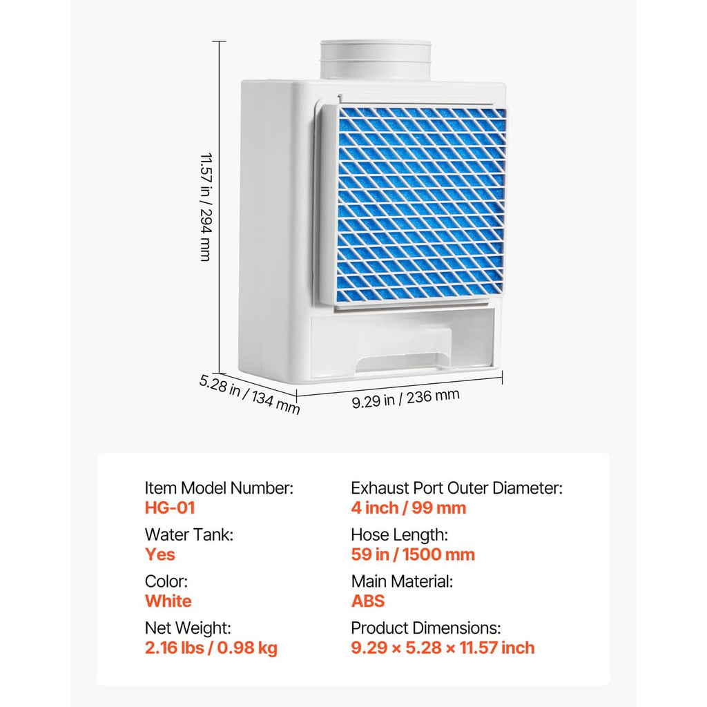 White indoor dryer vent kit with blue mesh filter, shown with measurement diagram