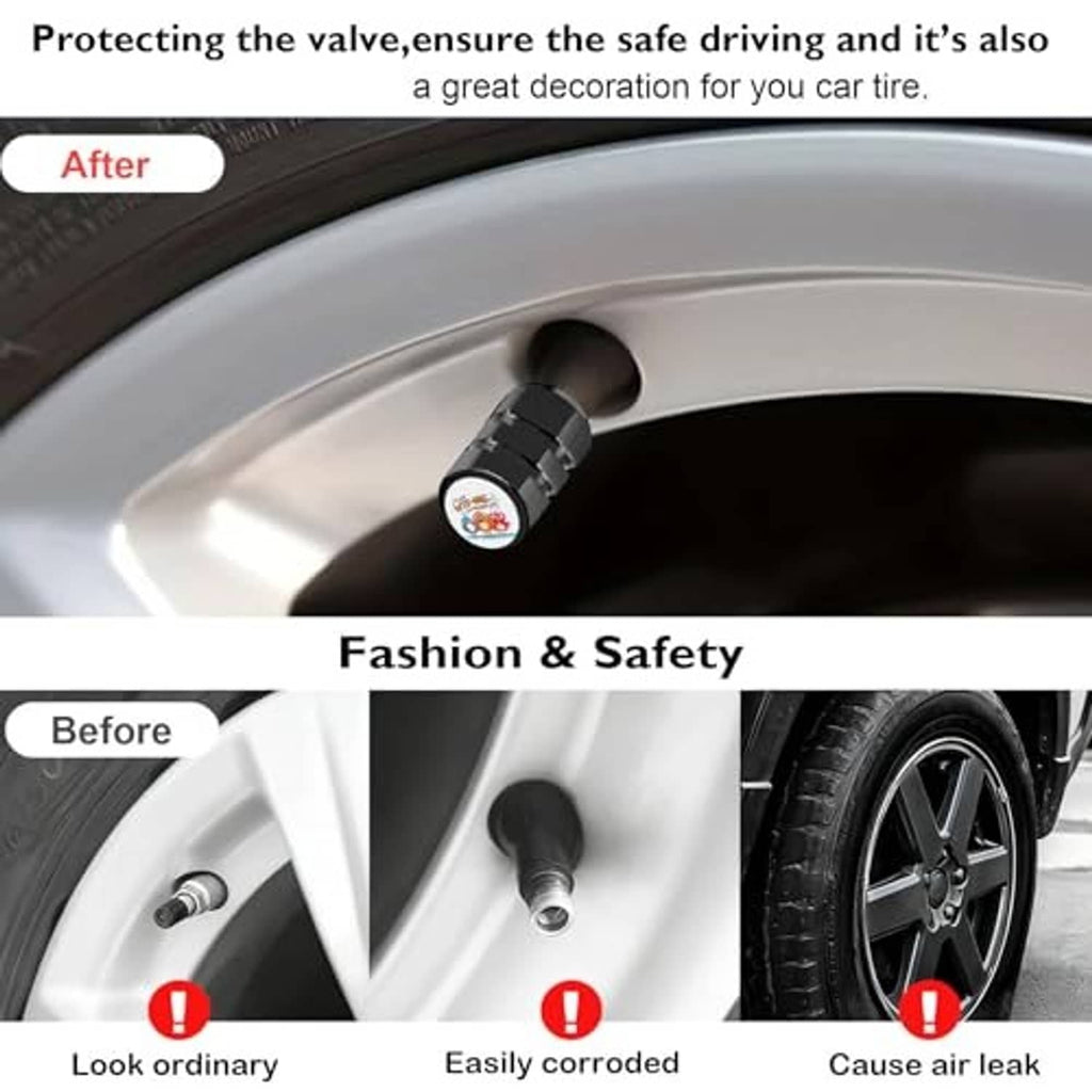 Tire wheel with black valve cap protecting the valve stem; safety before-and-after view