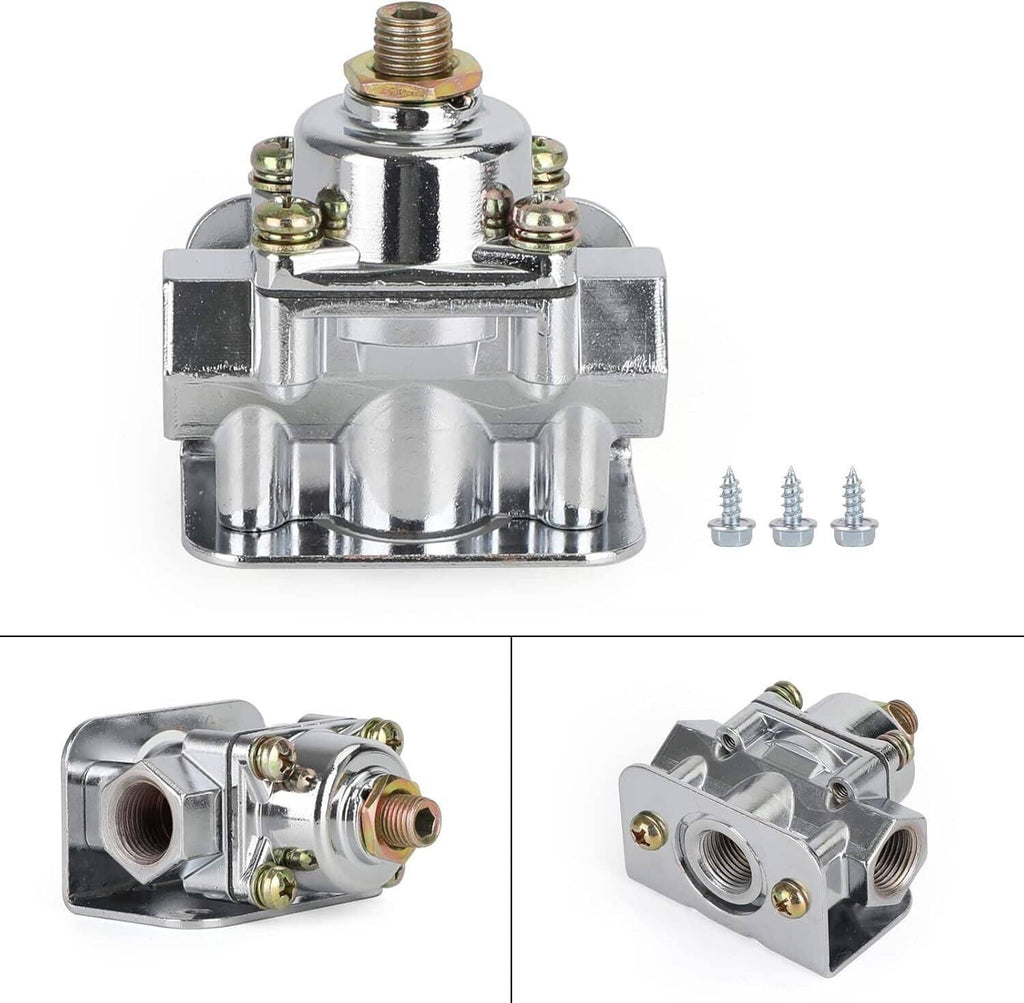 Chrome fuel pressure regulator with screws and side views on white background