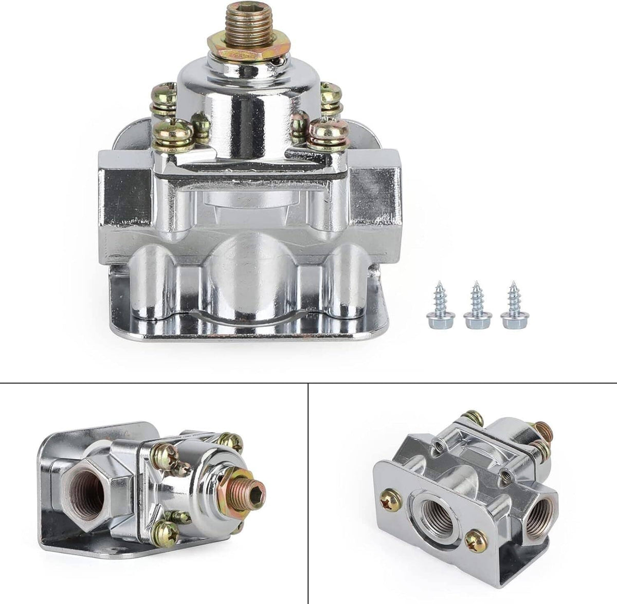 Chrome fuel pressure regulator with screws and side views on white background