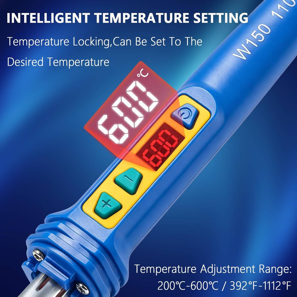 Blue plastic welder gun showing dual LED temperature readings and control buttons
