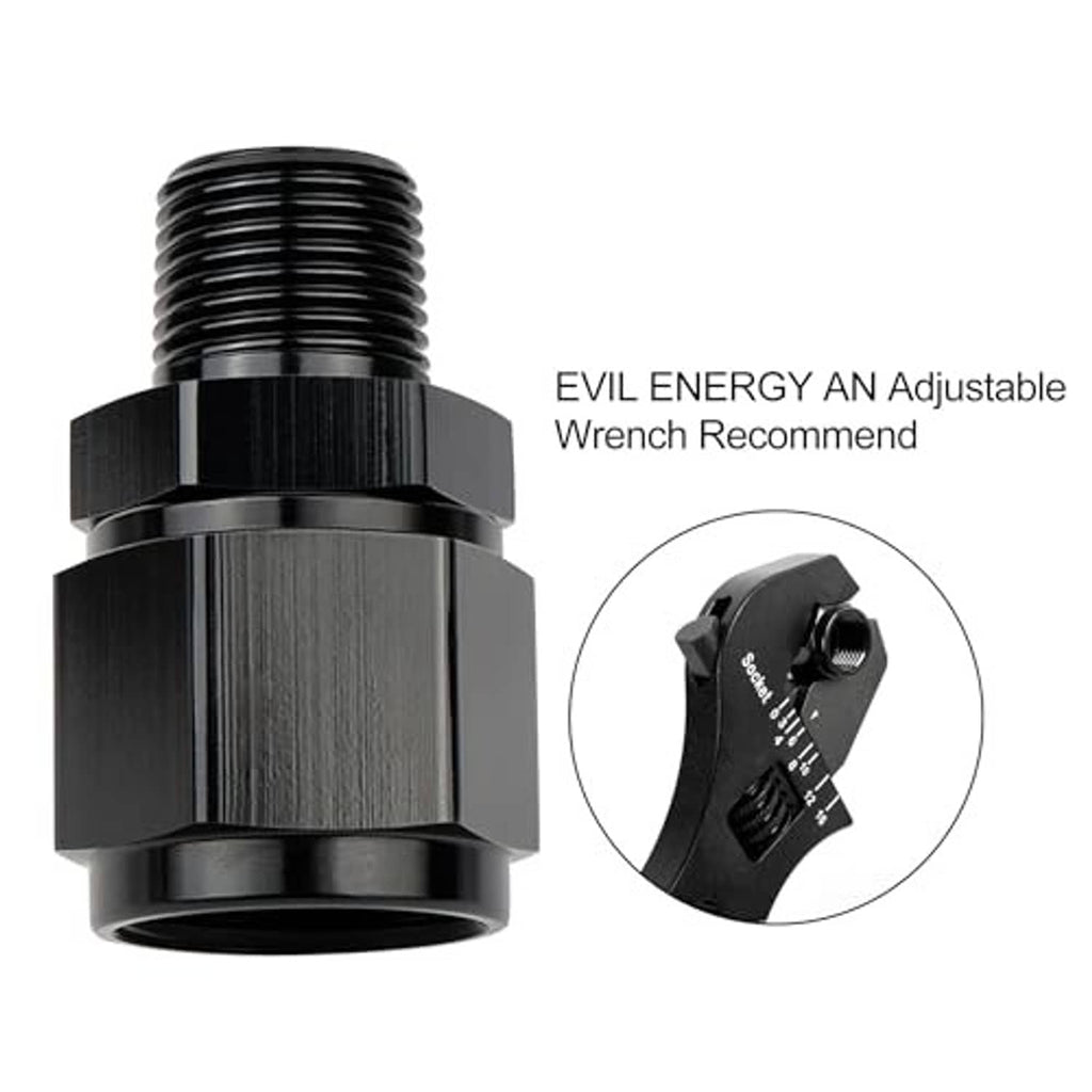 Aluminum 10AN to 3/8 NPT male swivel fitting, black finish, wrench use inset