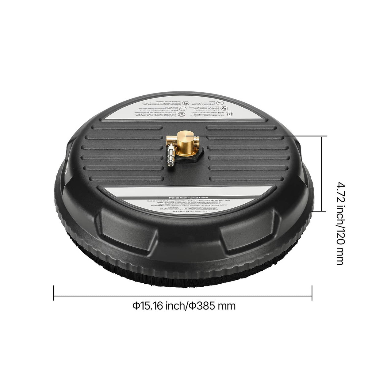 Black round pressure washer surface cleaner with brass inlet and 4.72 in tall profile