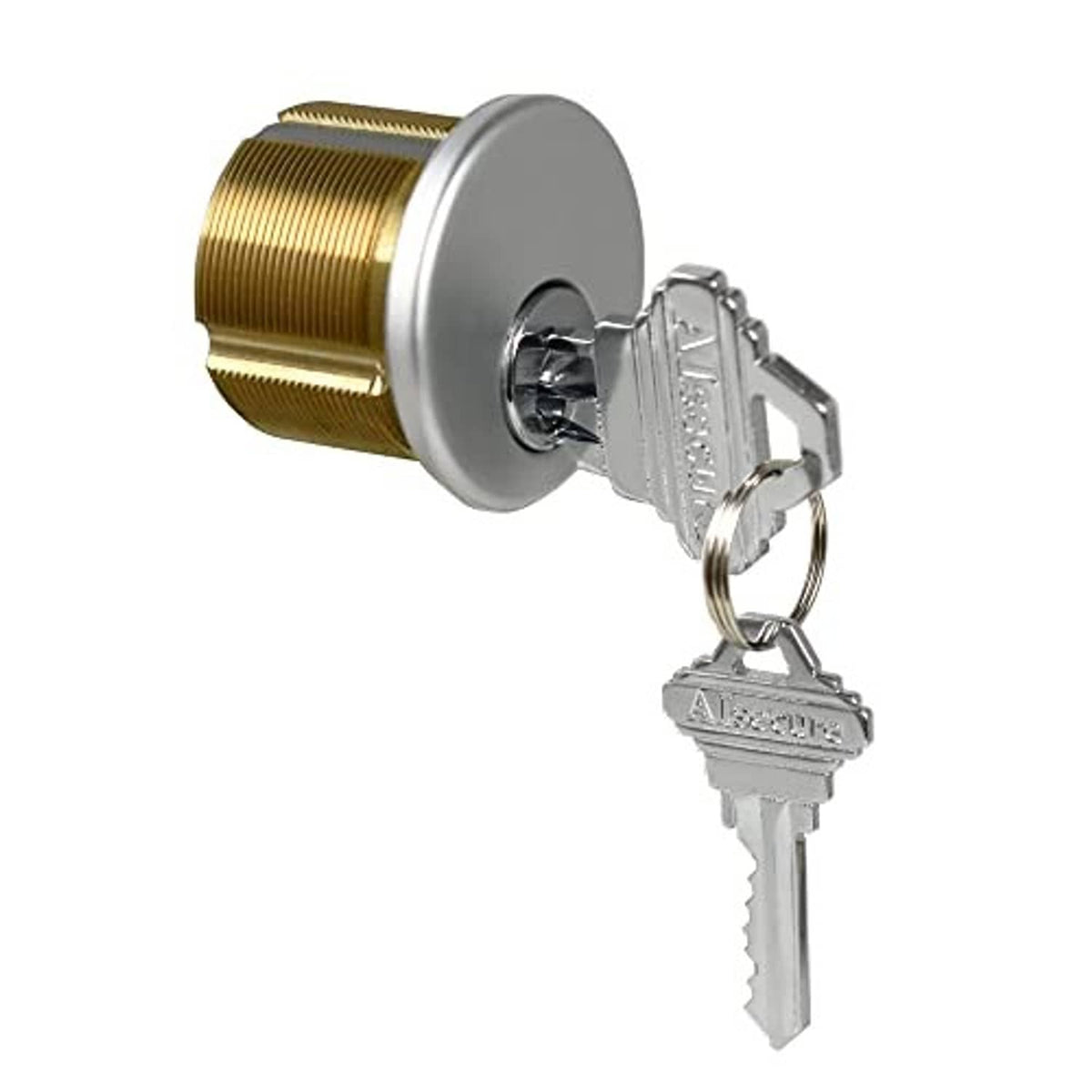 Brass mortise lock cylinder with silver face, key inserted, and two keys