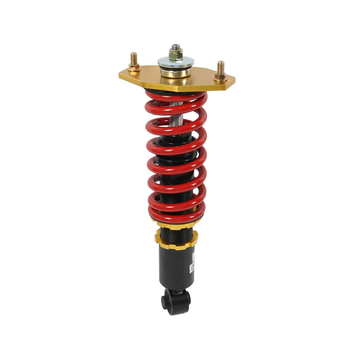 Coilover shock absorber with red spring, gold top plate, black damper body
