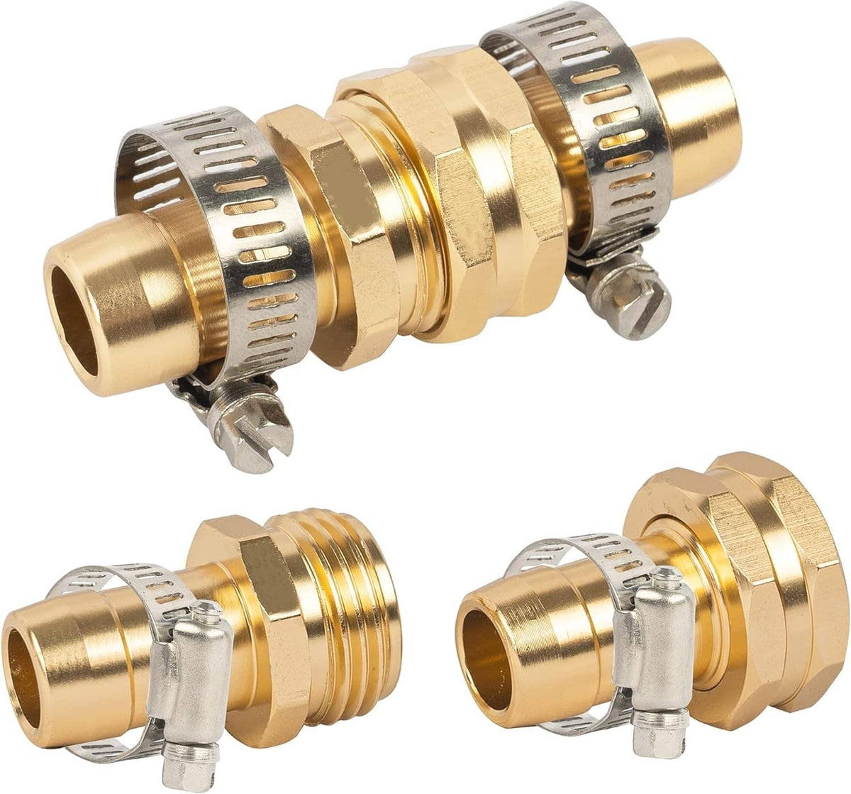 Garden hose repair connector with metal clamp and barbed ends, brass/gold