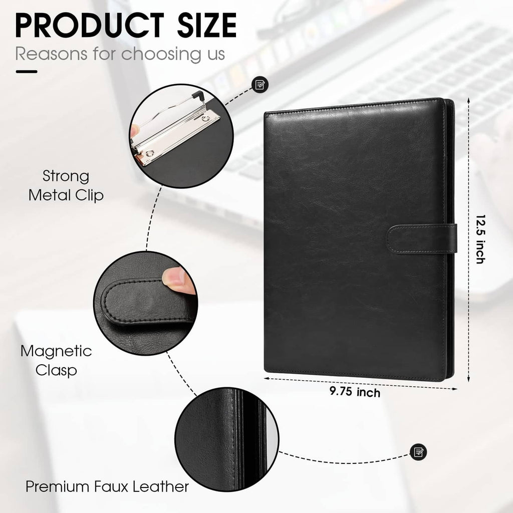 Black faux leather portfolio binder with metal clip and magnetic clasp, 9.75 in