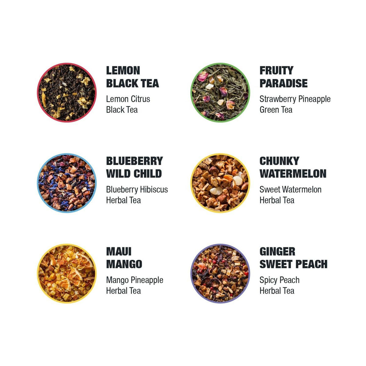 Tiesta Tea cold brew variety sampler showing six tea blends in sealed circles