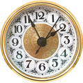 Round gold mini quartz clock insert with white dial, black numerals, and black hands