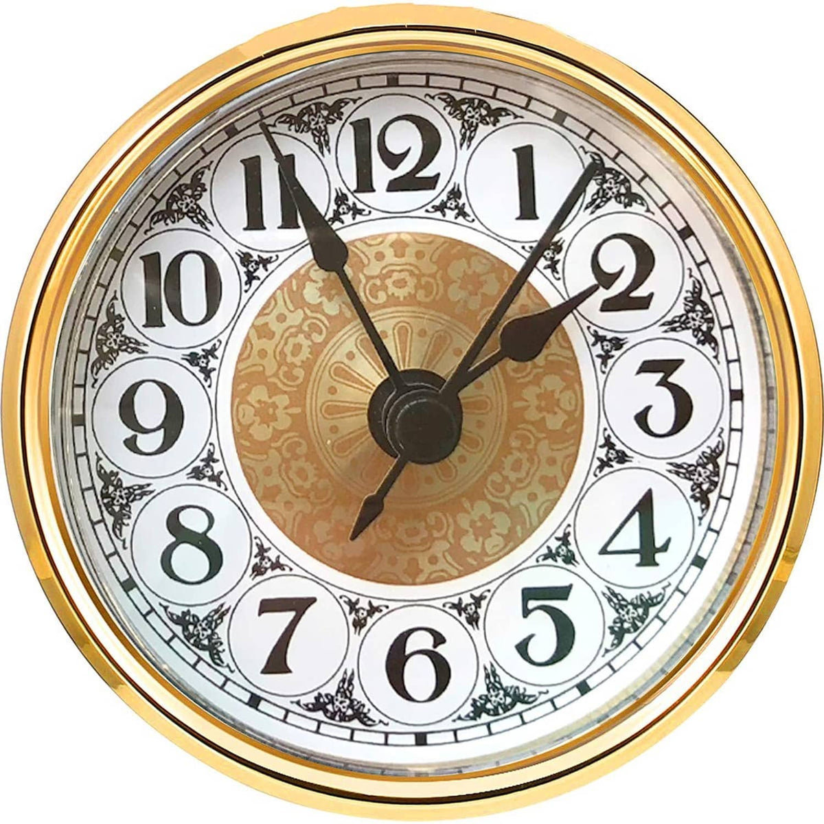 Round gold mini quartz clock insert with white dial, black numerals, and black hands