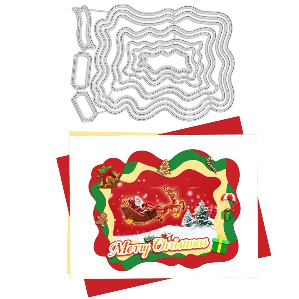Layered wavy frame cutting dies above a red Christmas wreath greeting card