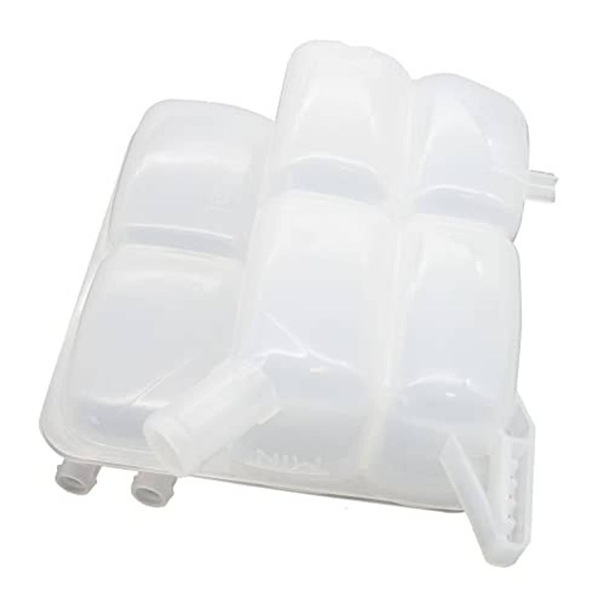 Engine coolant reservoir tank, translucent white plastic with lower mounting feet
