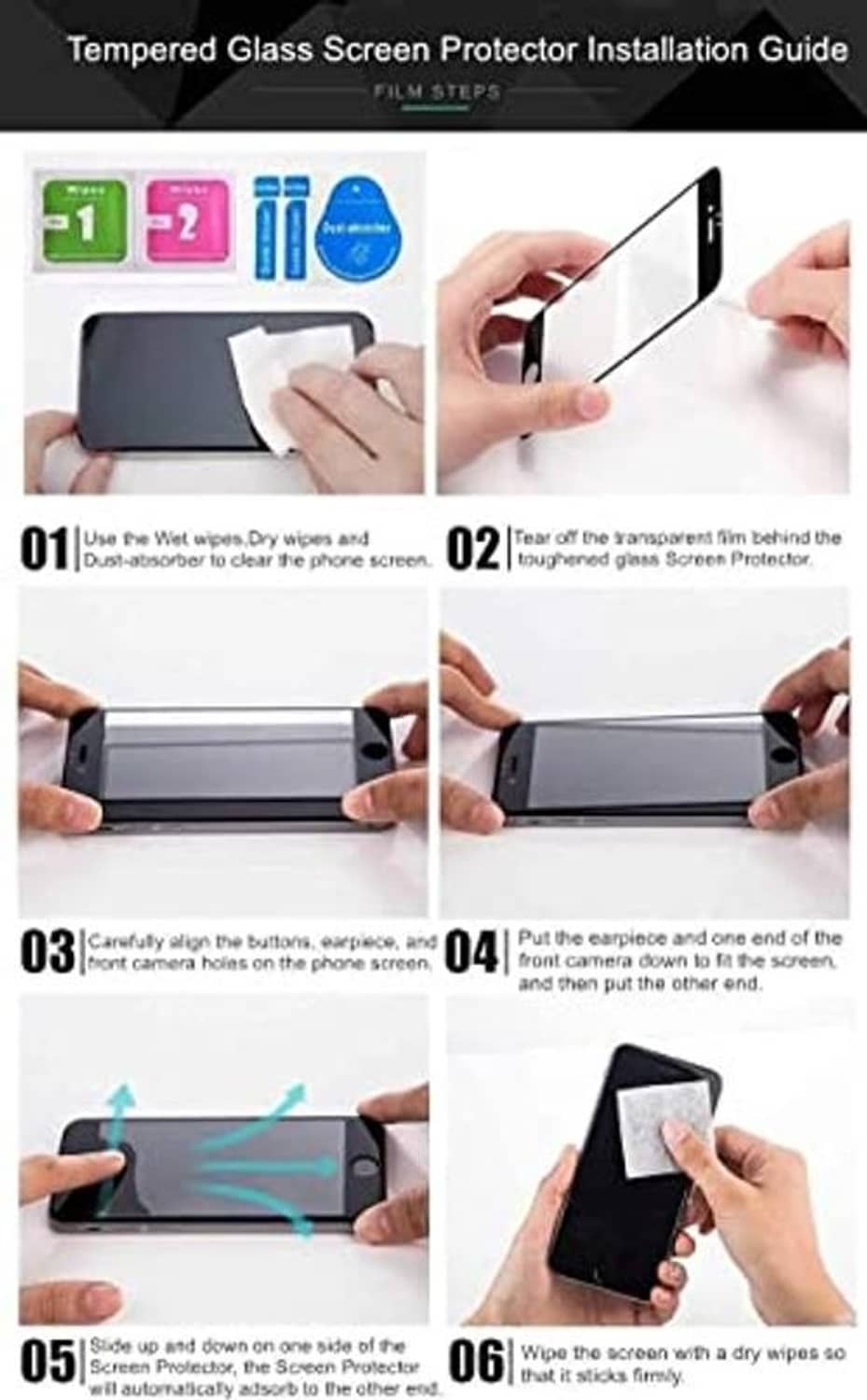 Tempered glass screen protector installation guide showing alignment and wipe steps.