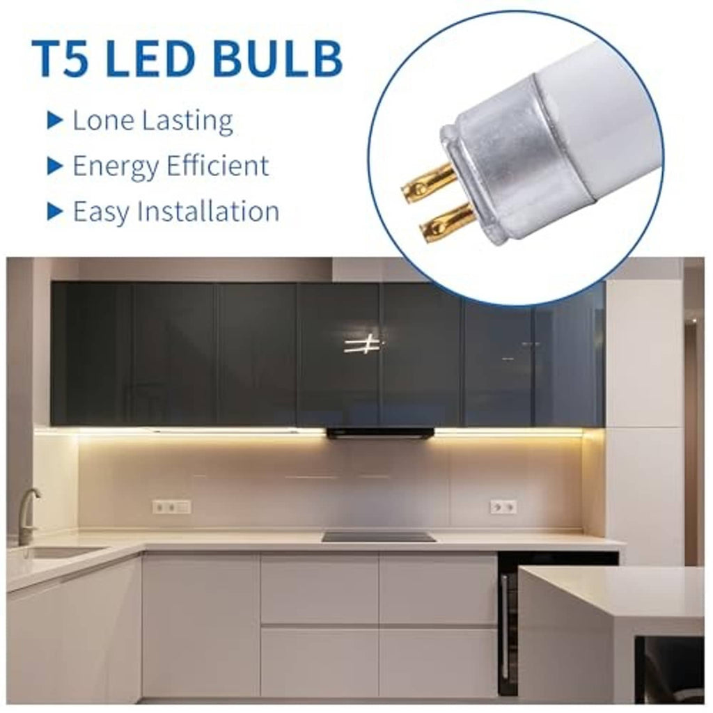 T5 LED bulb tube close-up with gold pin connector and frosted white glass