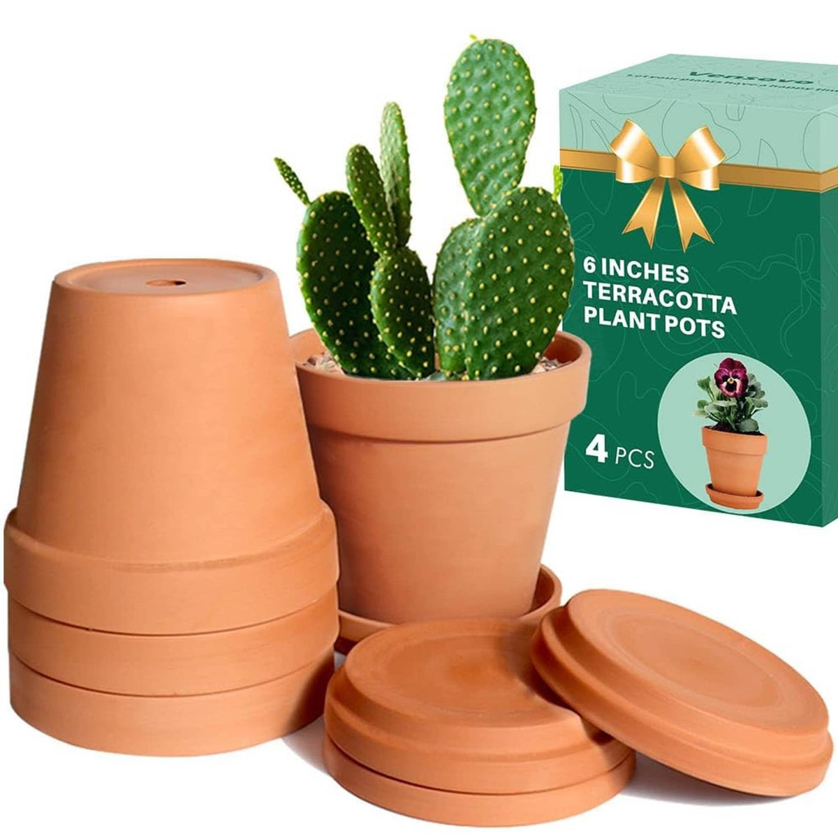 Terracotta 6-inch plant pots with saucers, 4-pack, stacked