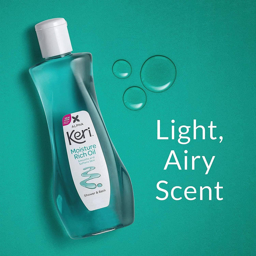 Keri moisture oil shower and bath bottle with teal liquid and small bubbles