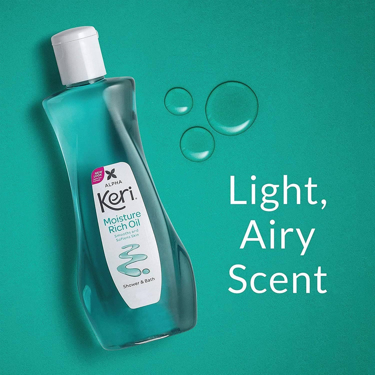 Keri moisture oil shower and bath bottle with teal liquid and small bubbles