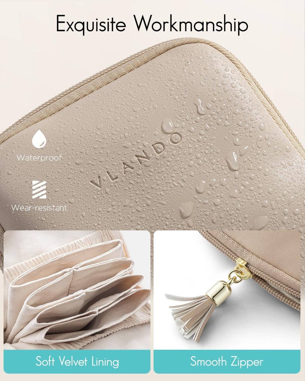 Tan jewelry travel case with water-repellent finish and smooth zipper closure