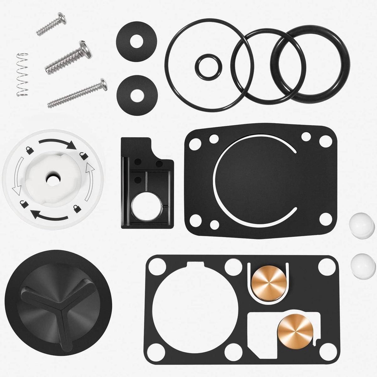 Marine toilet service kit parts with black valve plate, O-rings, springs, and white caps