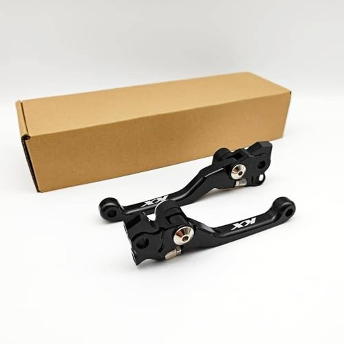 Black CNC brake and clutch levers with pivot mounts and silver hardware