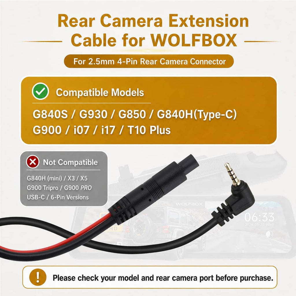 Black rear camera extension cable with 4-pin connector and plug ends for dash cam