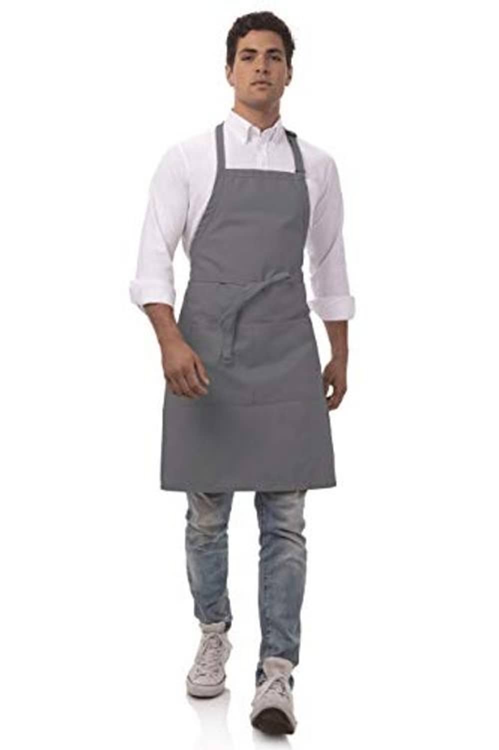 Gray unisex butcher apron with neck strap, waist ties, and front bib pocket