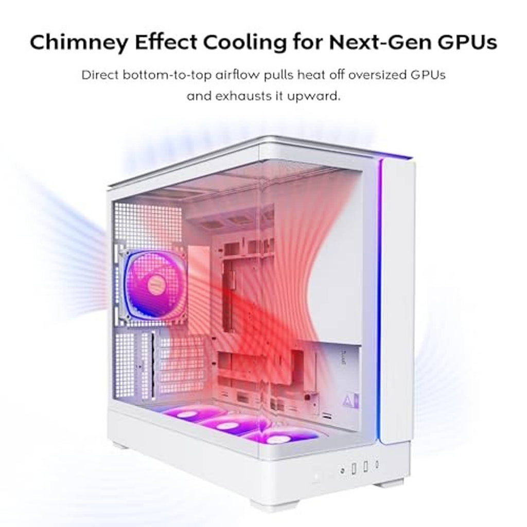 White micro-ATX PC case with curved glass showing chimney-style airflow cooling
