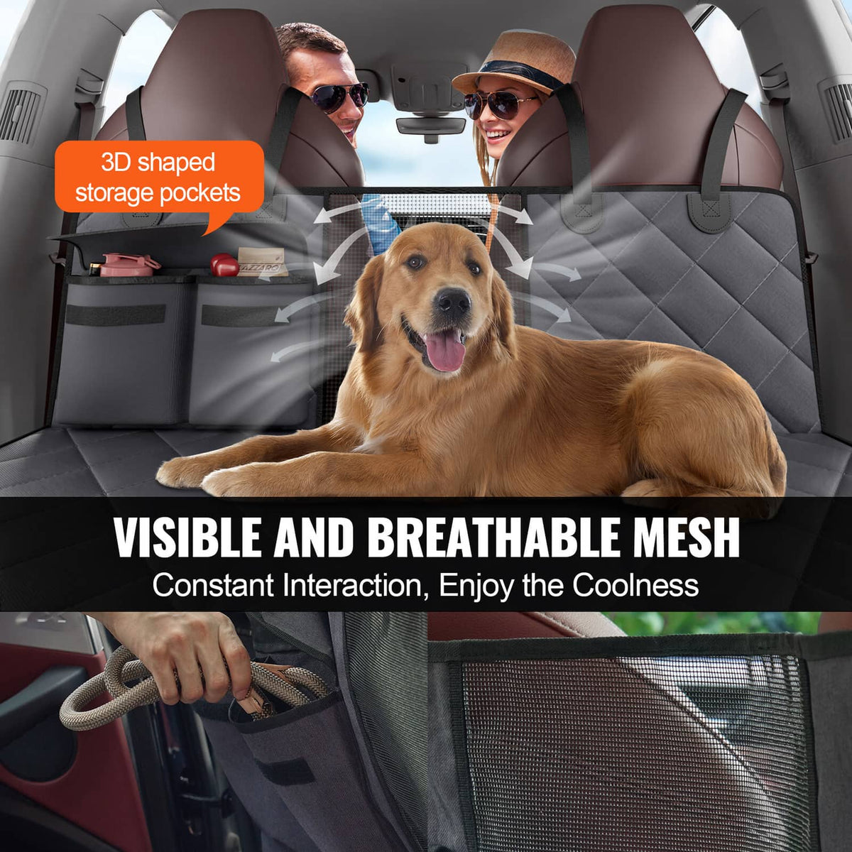 Dog car back seat cover with breathable mesh panel and storage pockets for accessories