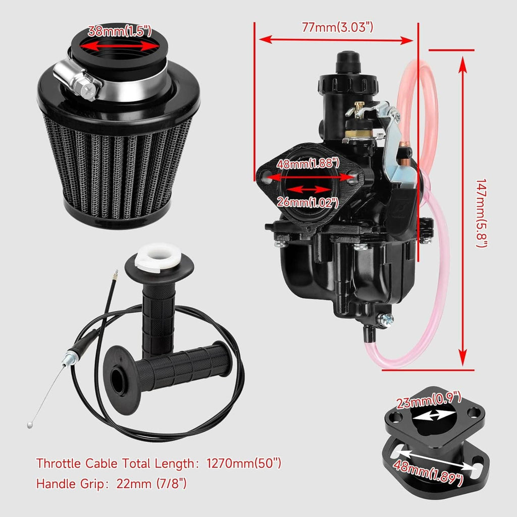 Carburetor kit components with size diagrams: air filter, intake, throttle cable