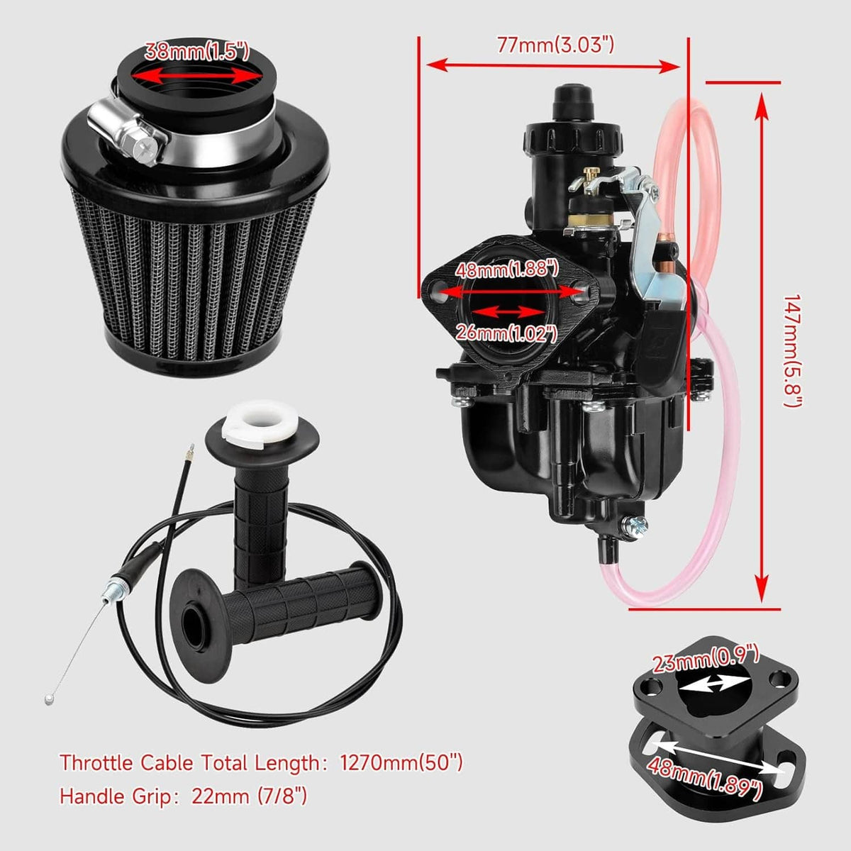 Carburetor kit components with size diagrams: air filter, intake, throttle cable