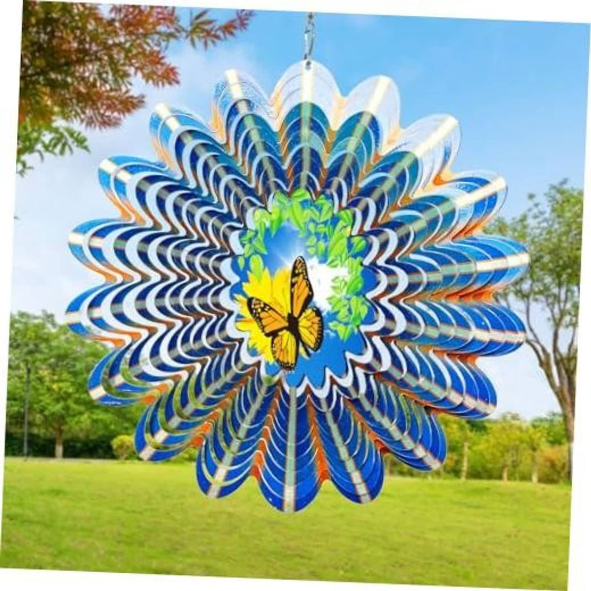 Colorful butterfly stainless steel wind spinner with spiraled vanes and hanging hook
