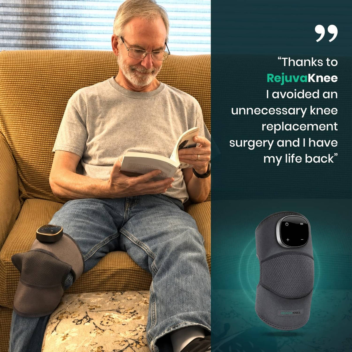 Grey knee massager wrap on person with handheld controller unit
