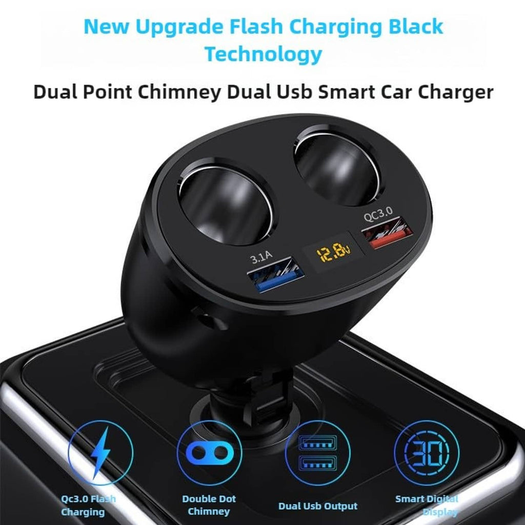 Black dual USB car charger with two USB ports and LED voltage display, QC3.0