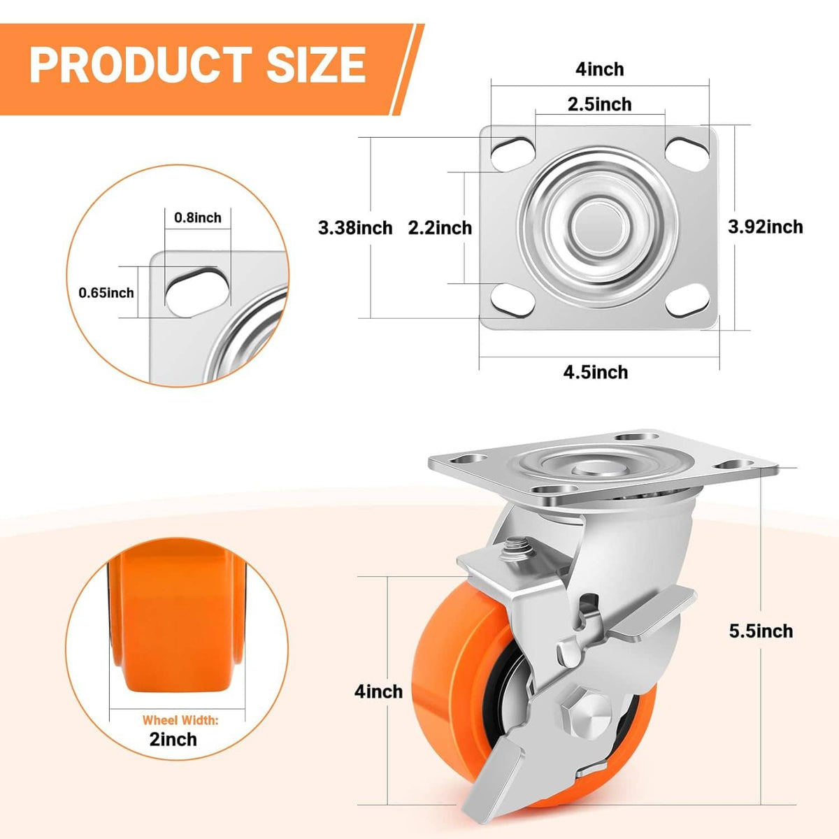 4-inch swivel caster wheel assembly with orange polyurethane wheel and mounting plate