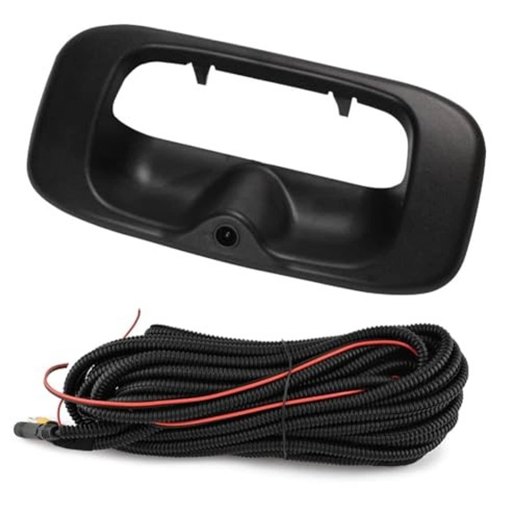 Black tailgate backup camera handle with lens and bundled wiring cables