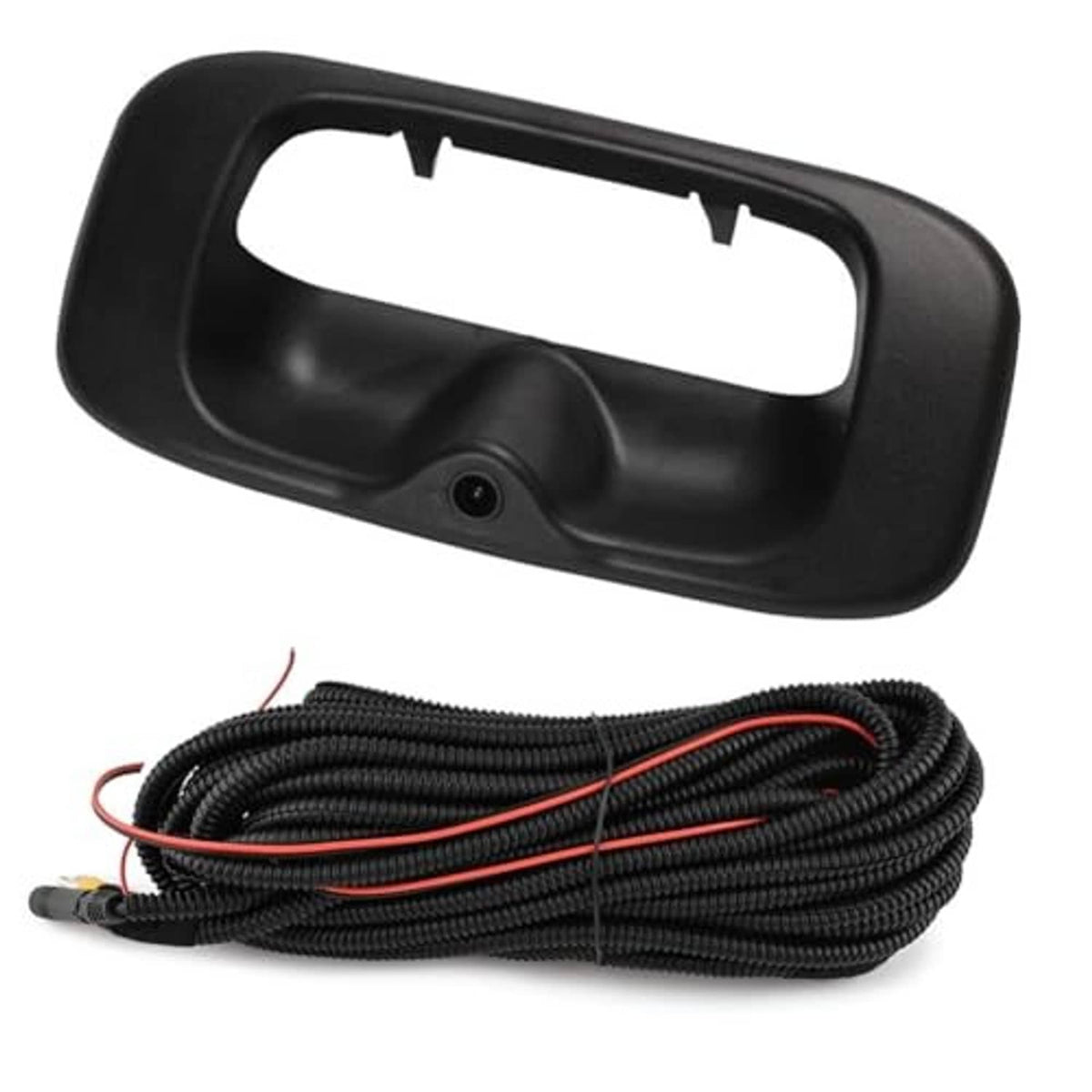 Black tailgate backup camera handle with lens and bundled wiring cables