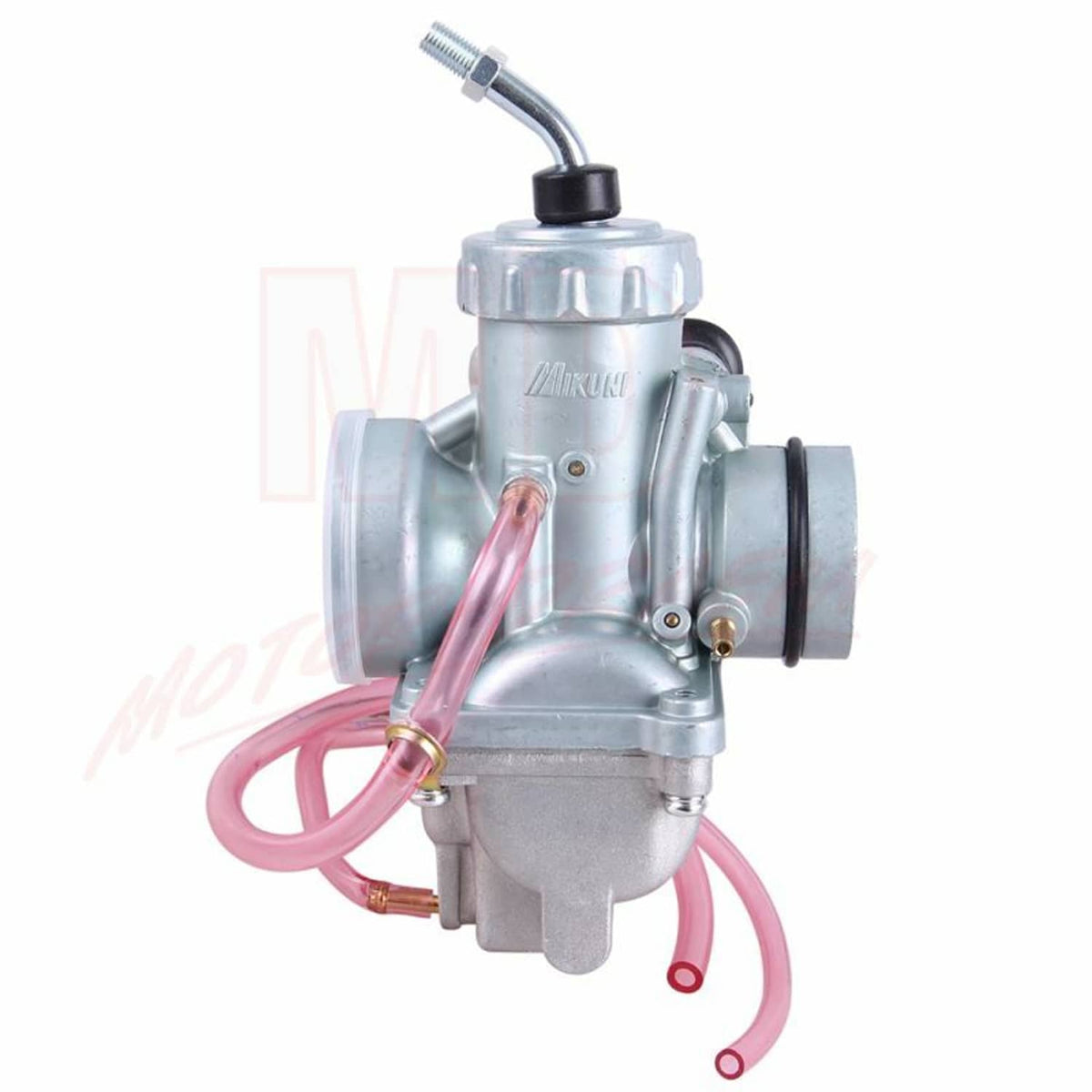 Silver carburetor with curved inlet fitting and pink fuel line, rear/side view