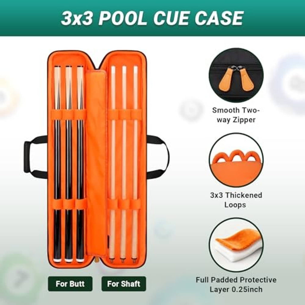 Orange-and-black 3x3 pool cue case showing open compartments for cue storage