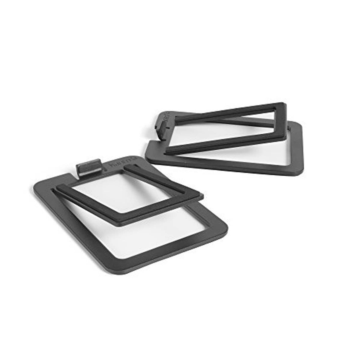 Black tilted desktop speaker stands showing front and rear open frames