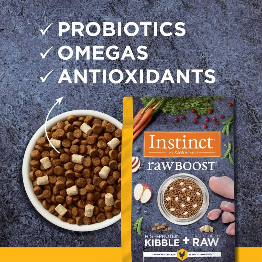 Probiotics, omegas, antioxidants label with kibble bowl and rawboost bag